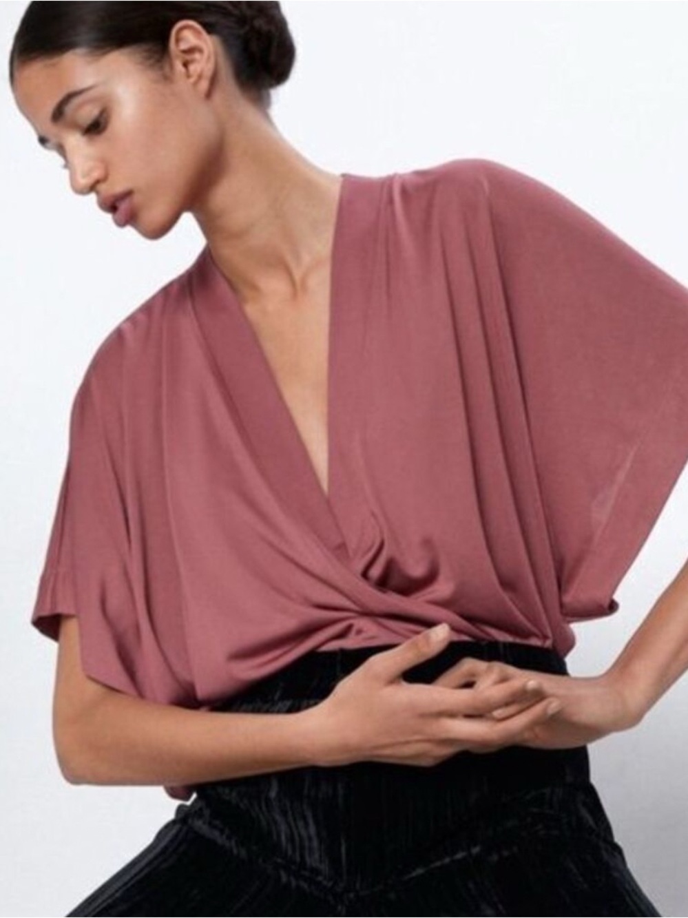 NWT ZARA DUSTY PINK MAUVE CAPE SLEEVE BODYSUIT BLOUSE TOP